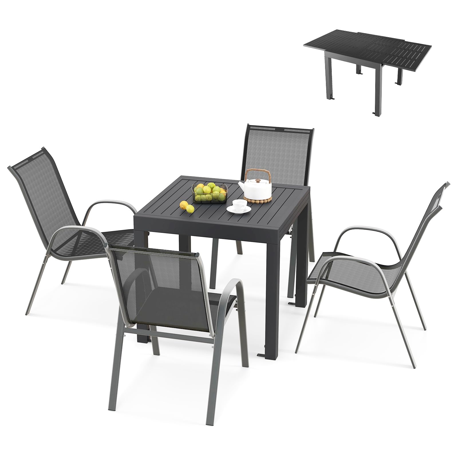 Tangkula Ensemble repas d'extérieur 5 pièces, mobilier de jardin avec table extensible en aluminium et 4 chaises empilables